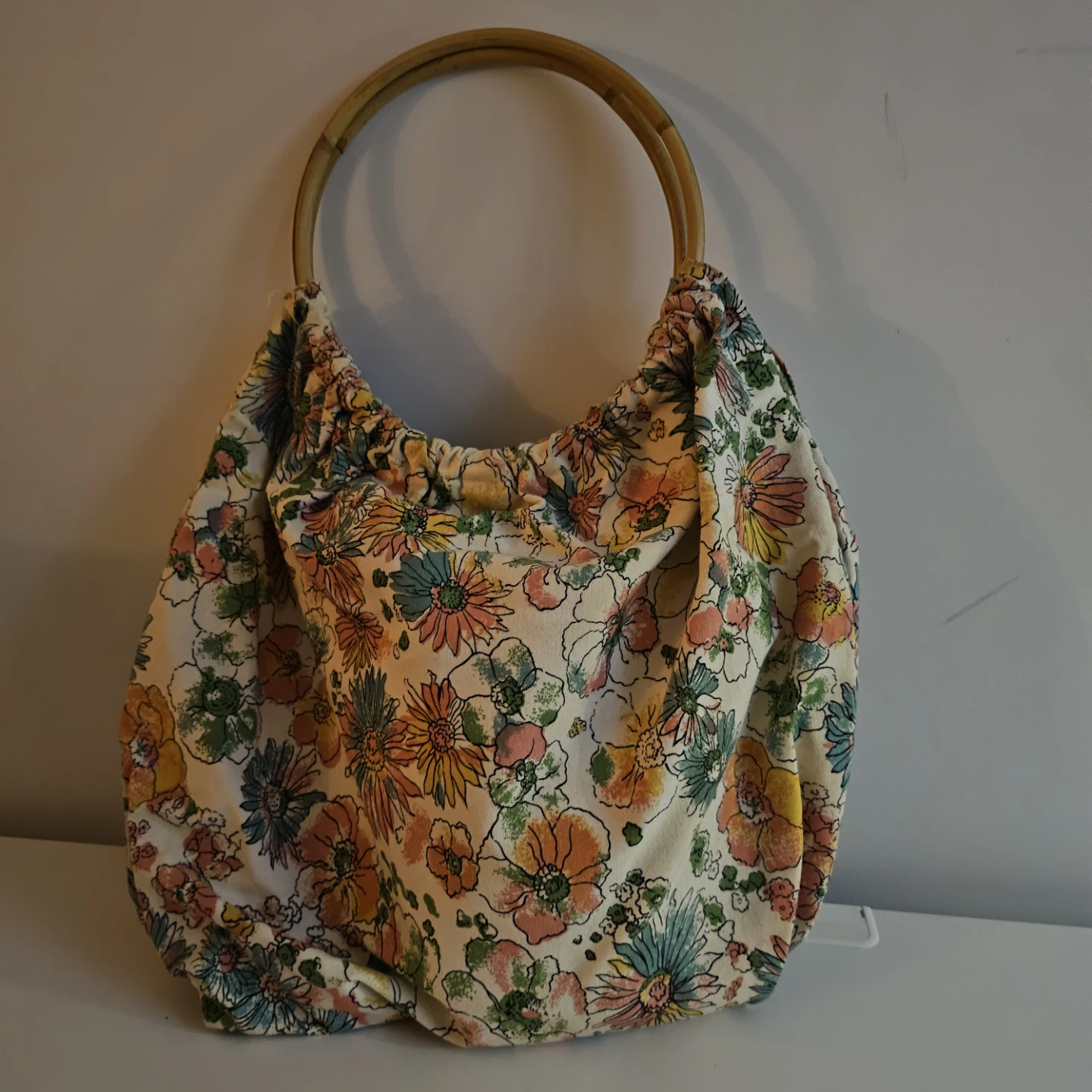 Floral Fabric Tote Bag with Bamboo Handles - photo 2