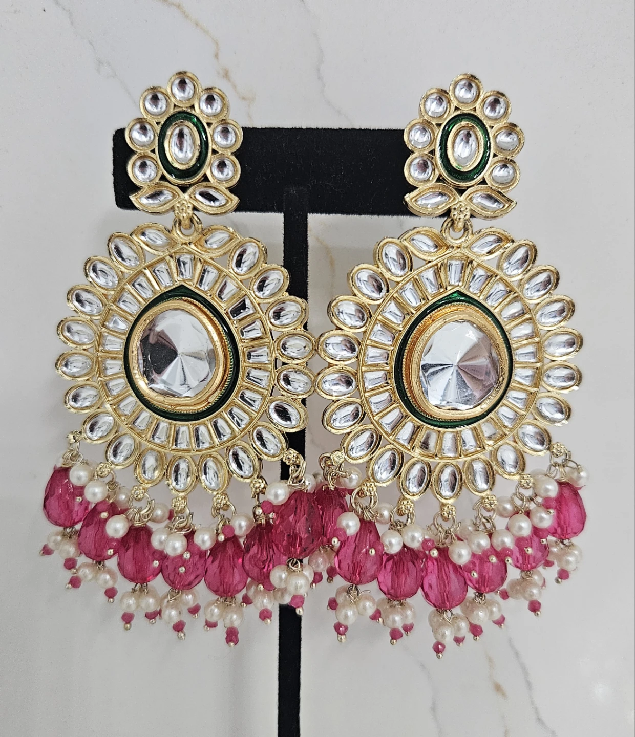 Gold-tone Dangle Earrings with Pink Beads and White Stones