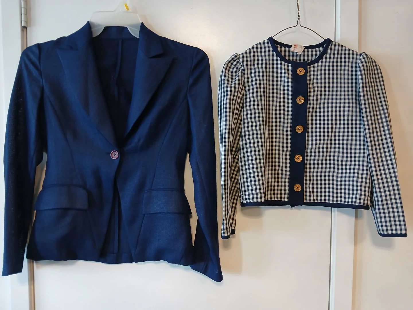 Two Women's Blazers: blue and gingham. $10 EACH.