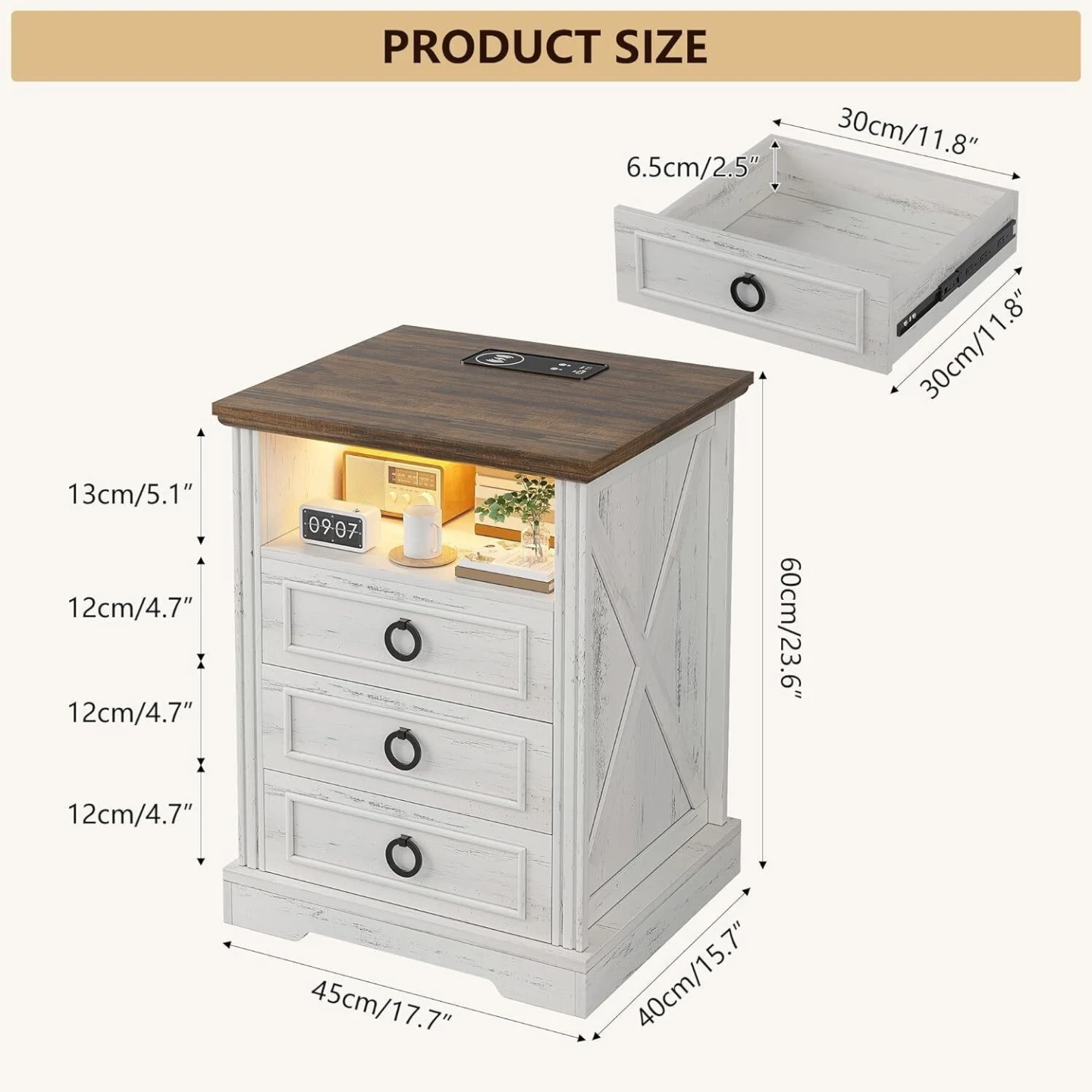 White and Wood Nightstand with Wireless Charger and USB Ports - photo 2