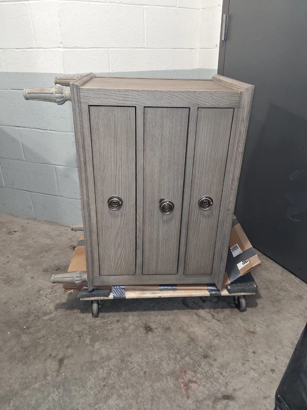 Gray 3-Door Cabinet with Silver Ring Pulls