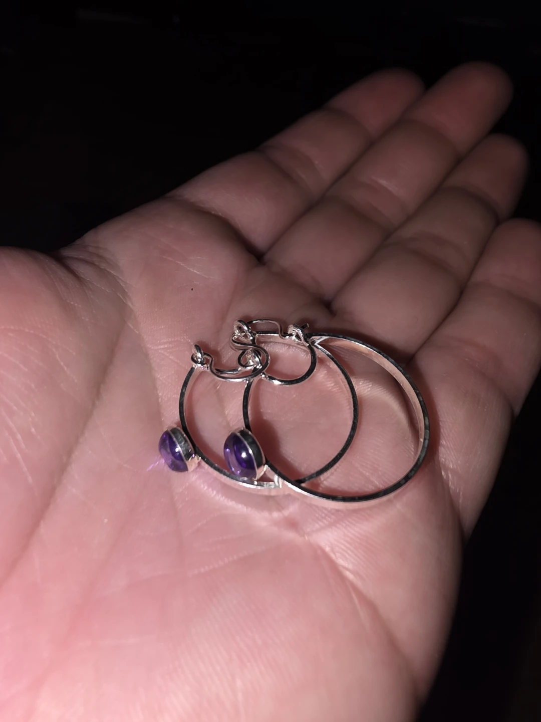 Silver Hoop Earrings with Purple Gemstones