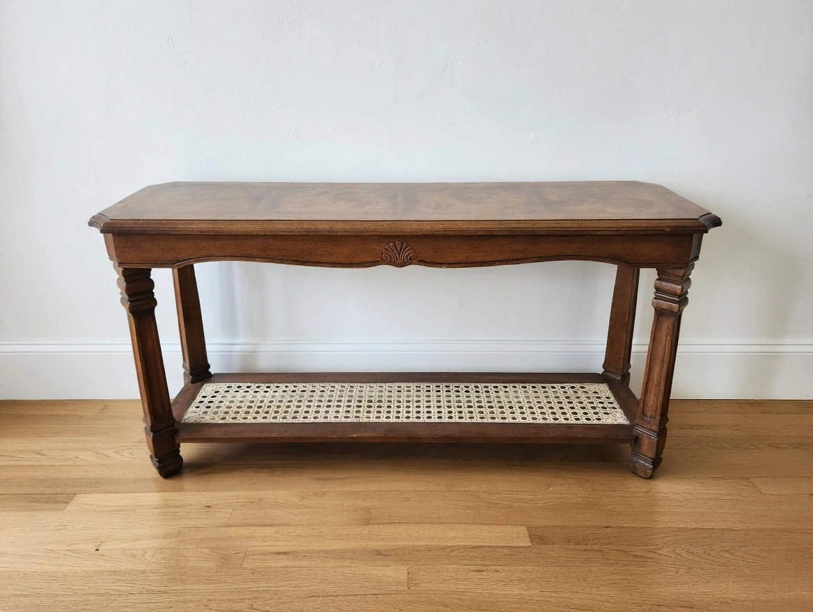 Vintage Wood Console Table with Cane Shelf