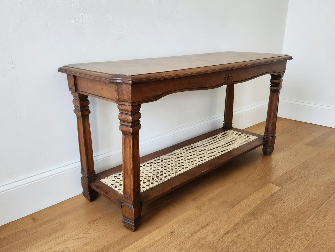 Vintage Wood Console Table with Cane Shelf - photo 2