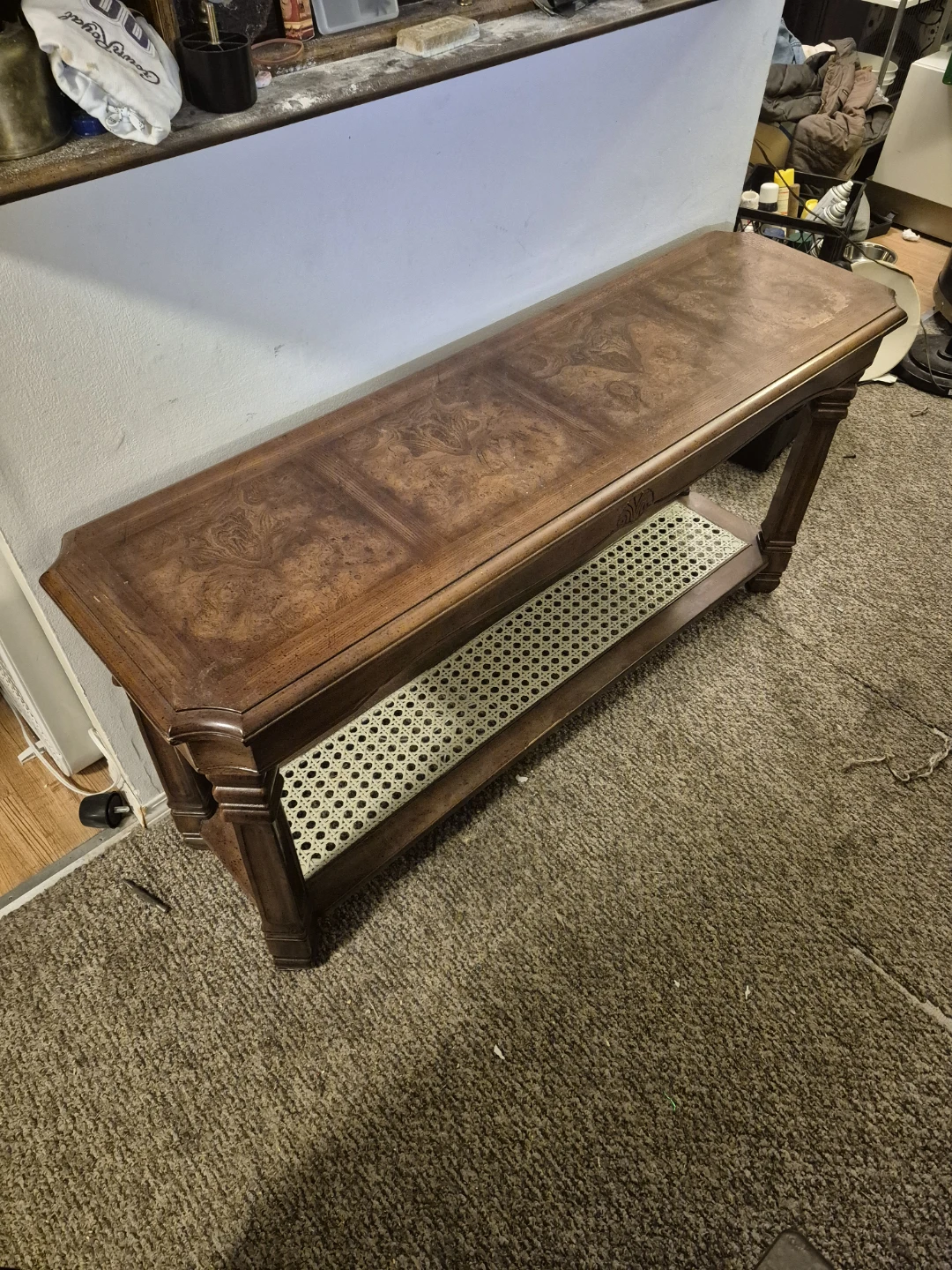 Vintage Wood Console Table with Cane Shelf - photo 3