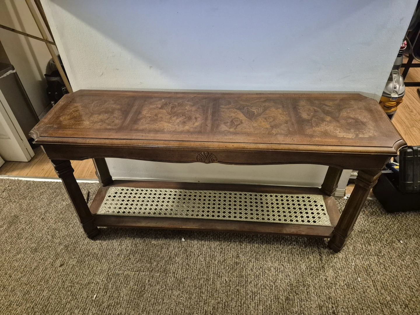 Vintage Wood Console Table with Cane Shelf - photo 4