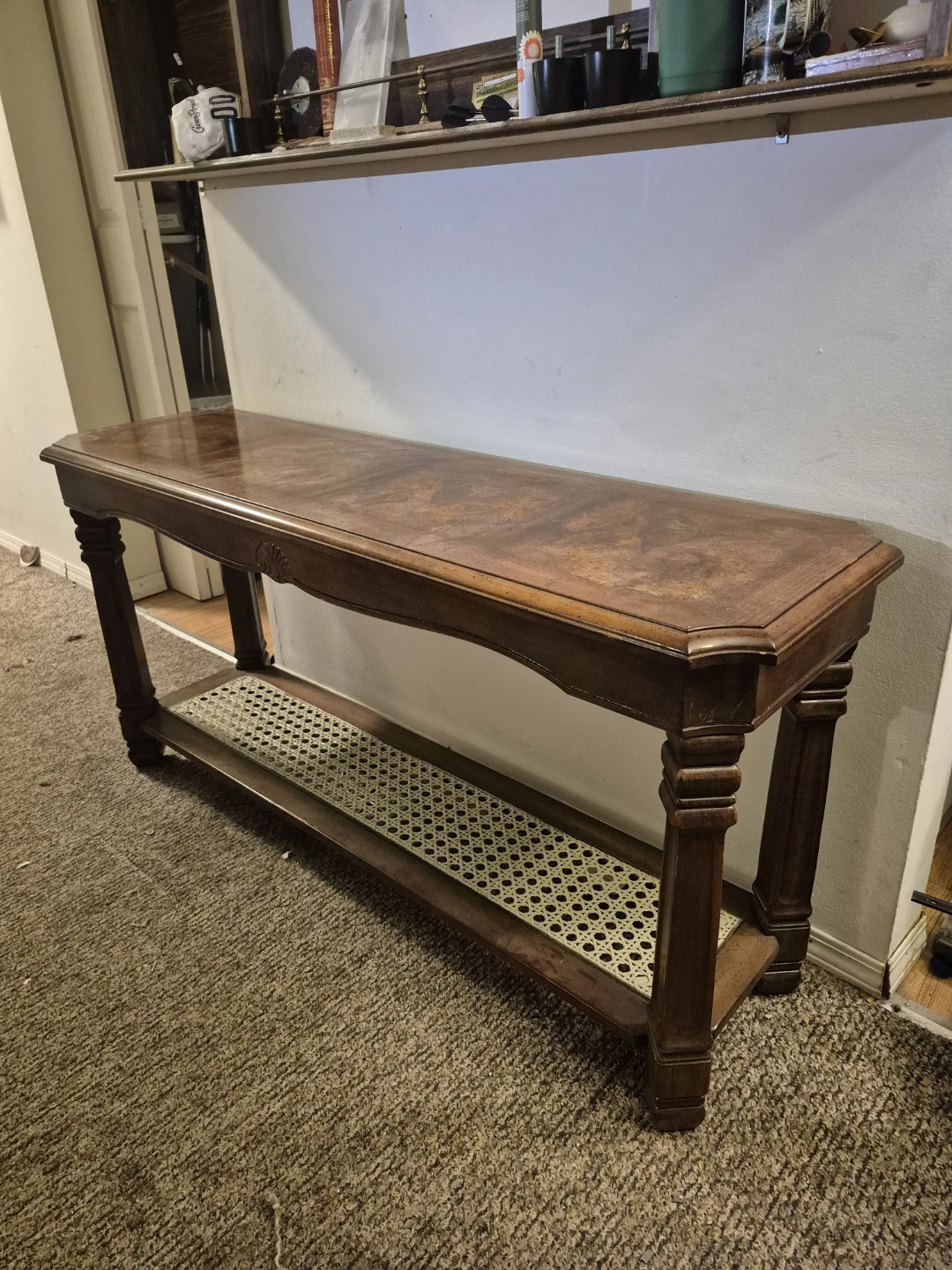 Vintage Wood Console Table with Cane Shelf - photo 5