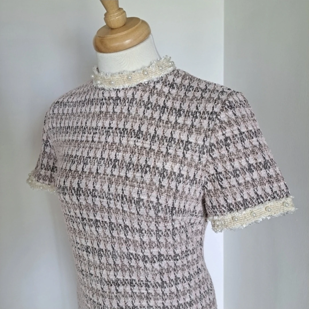 SHEIN Pink Houndstooth Tweed Mini Dress Pearl Lace Trim - photo 3