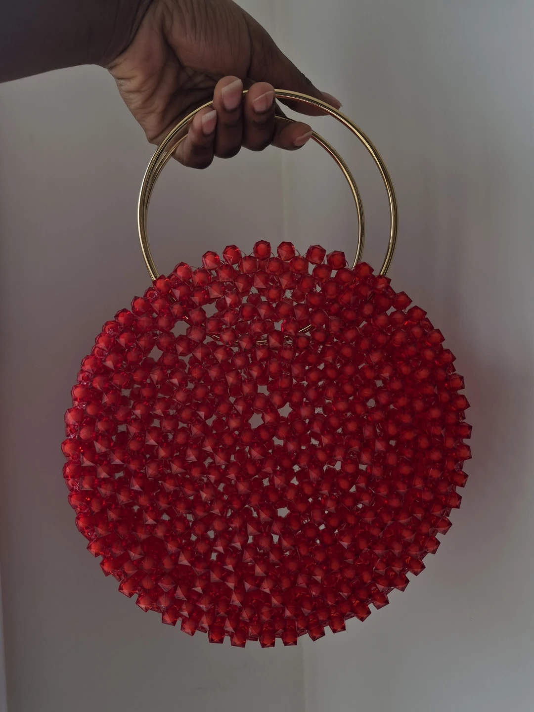 Red Beaded Round Handbag with Gold Handles