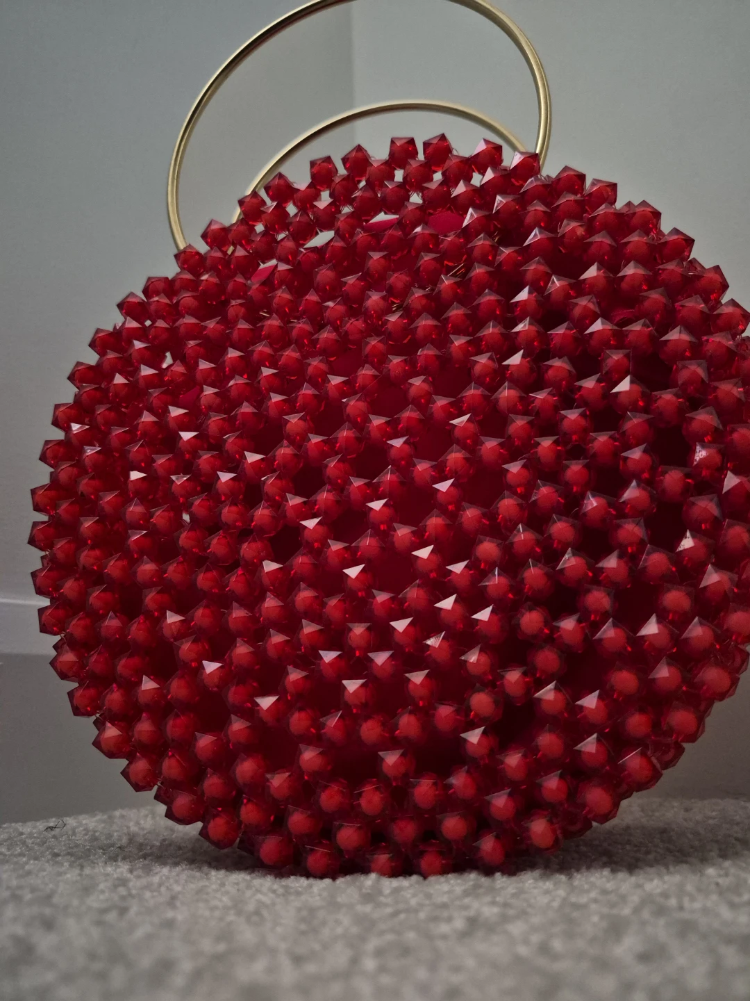 Red Beaded Round Handbag with Gold Handles - photo 2