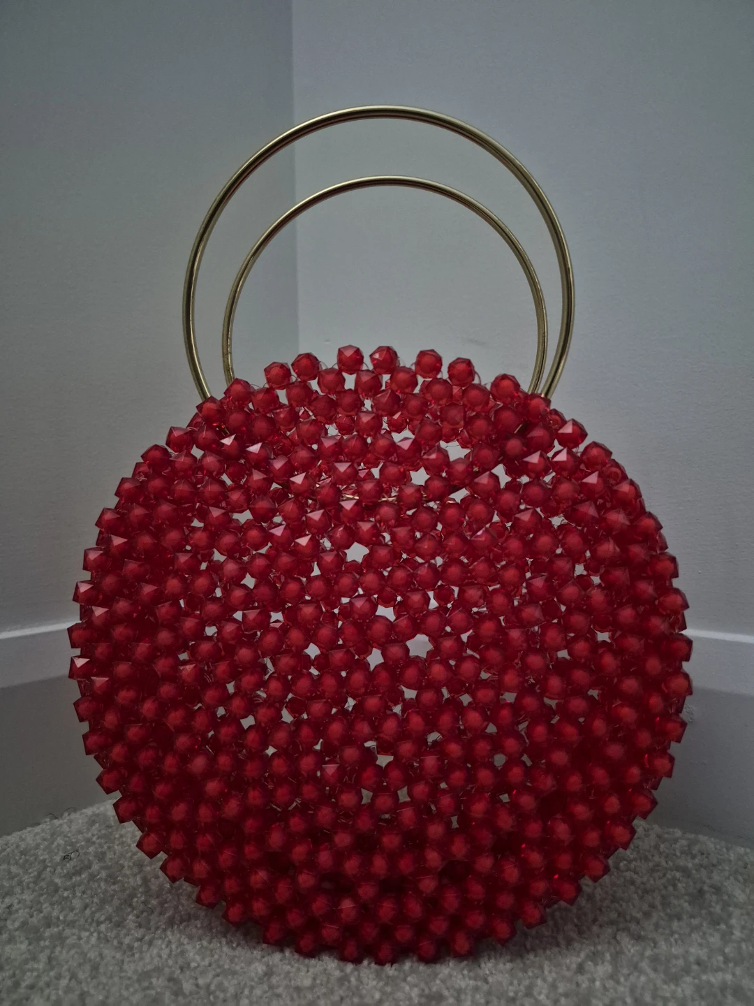 Red Beaded Round Handbag with Gold Handles - photo 3