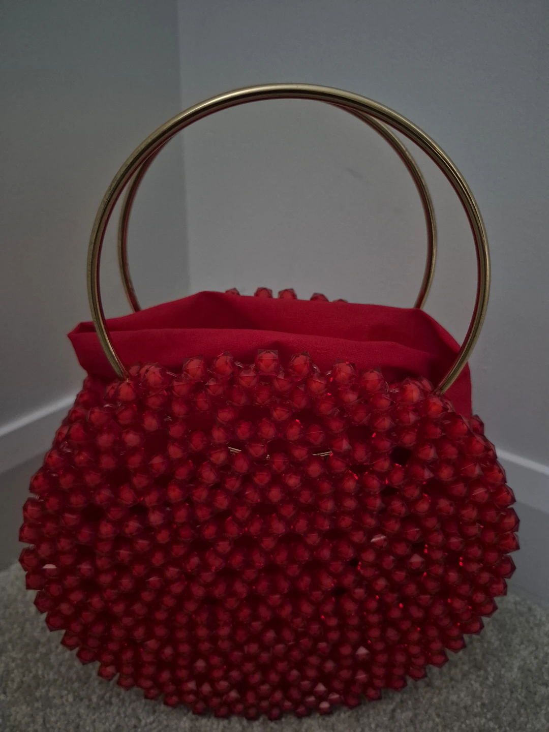 Red Beaded Round Handbag with Gold Handles - photo 4