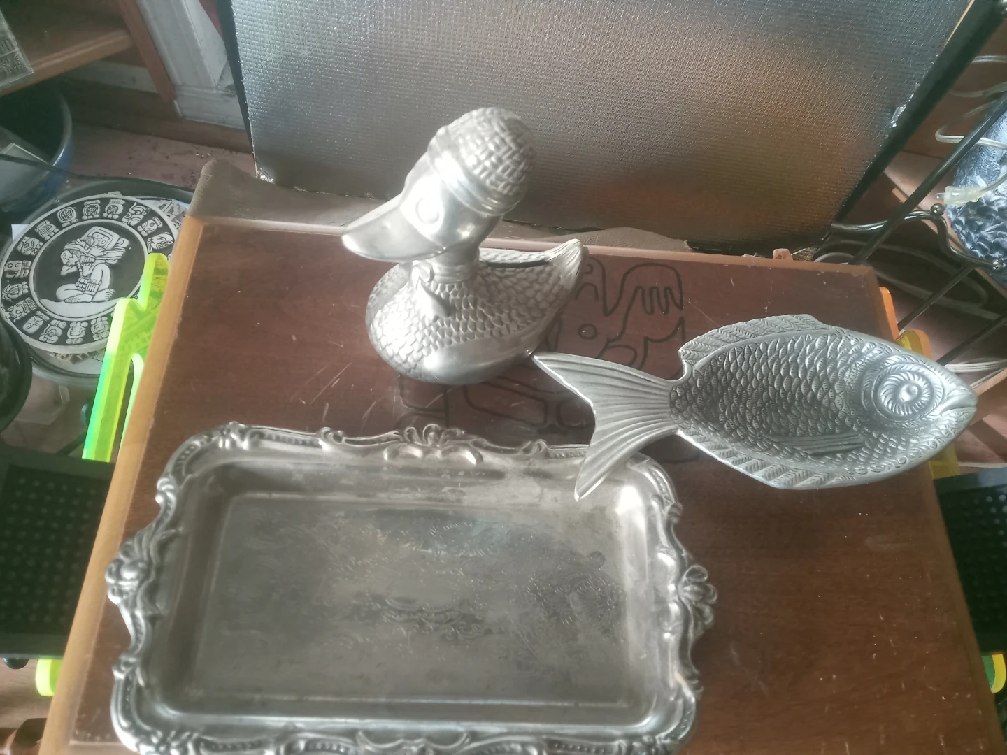 Silver Tone Decorative Tray and Figurine Set