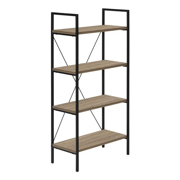 4-Shelf Bookshelf - Black Metal Frame & Wood-Look Shelves