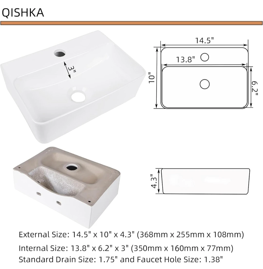 Wall Hung Bathroom Vessel Sink - White 14.5" x 10" - photo 3