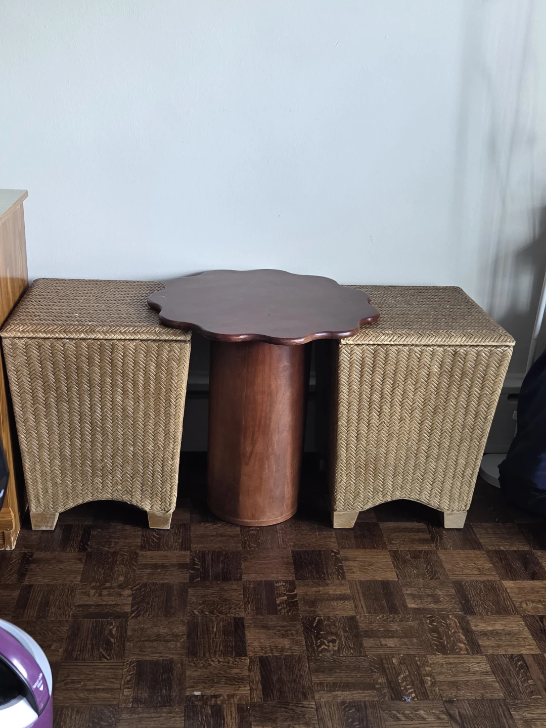Wicker Storage Chests with Wood Pedestal Table