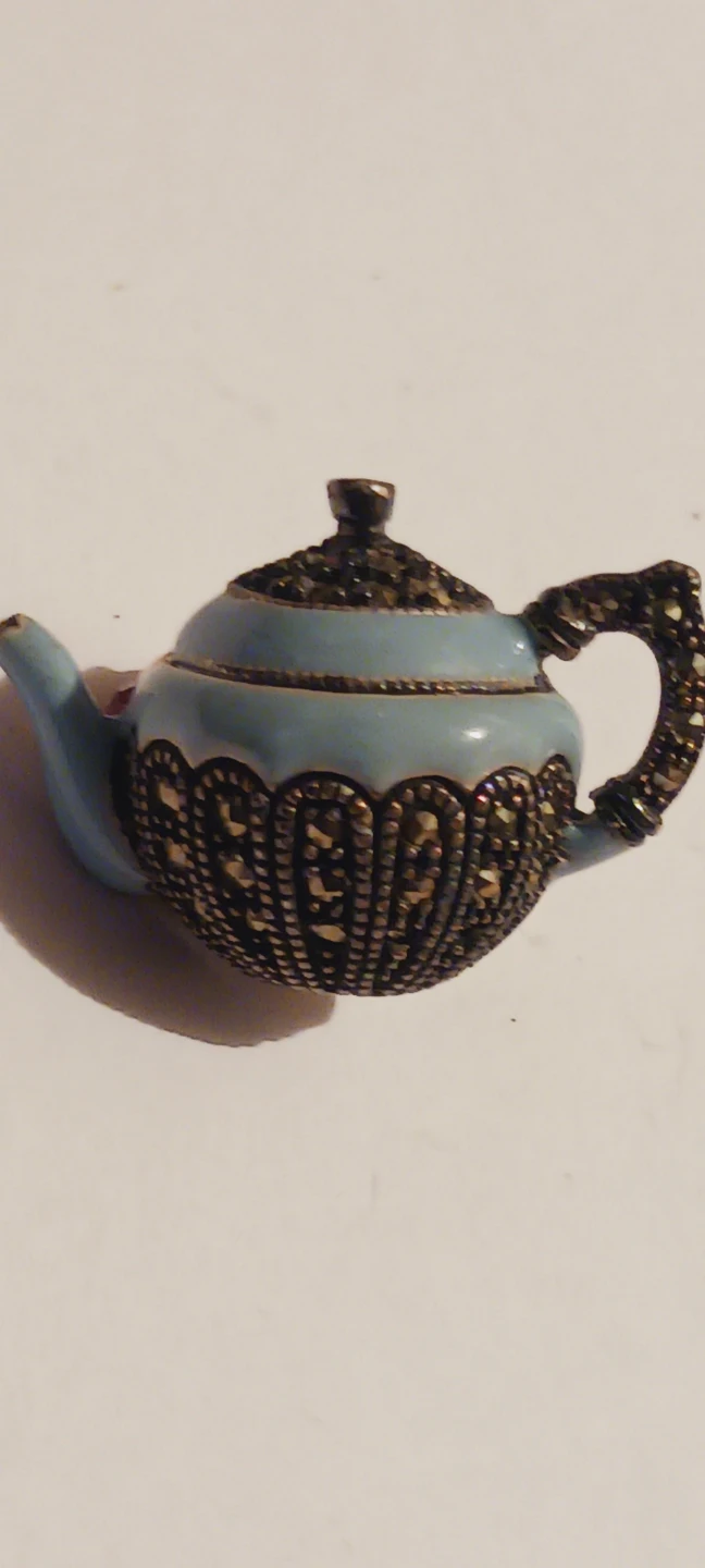 JUDITH JACK Signed Sterling Silver Marcasite Blue Teapot Brooch