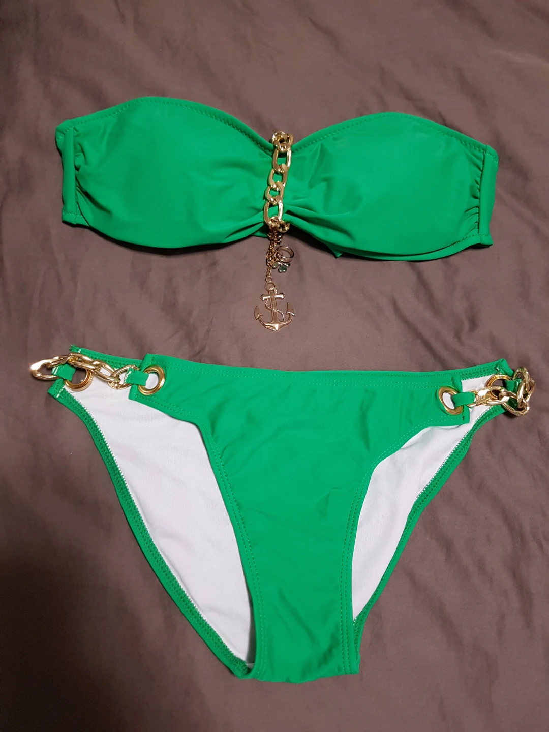 Green Strapless Bikini with Gold Chain and Anchor Charm medium