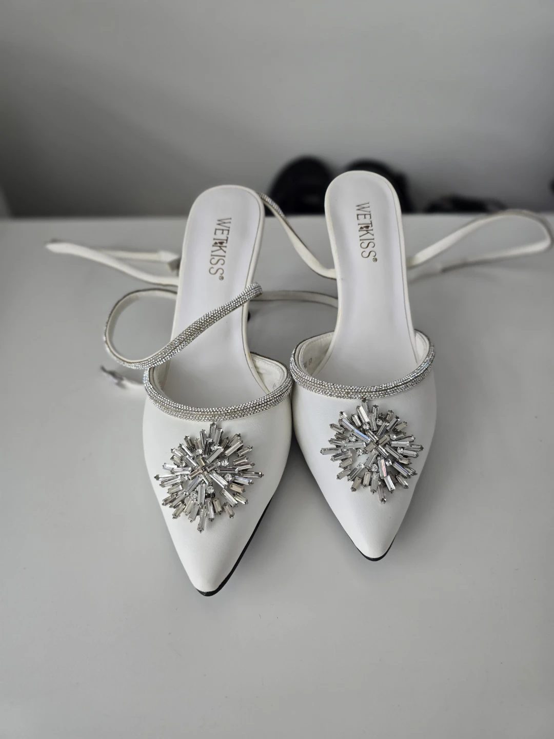 WETKISS White Heels with Rhinestone Embellishments