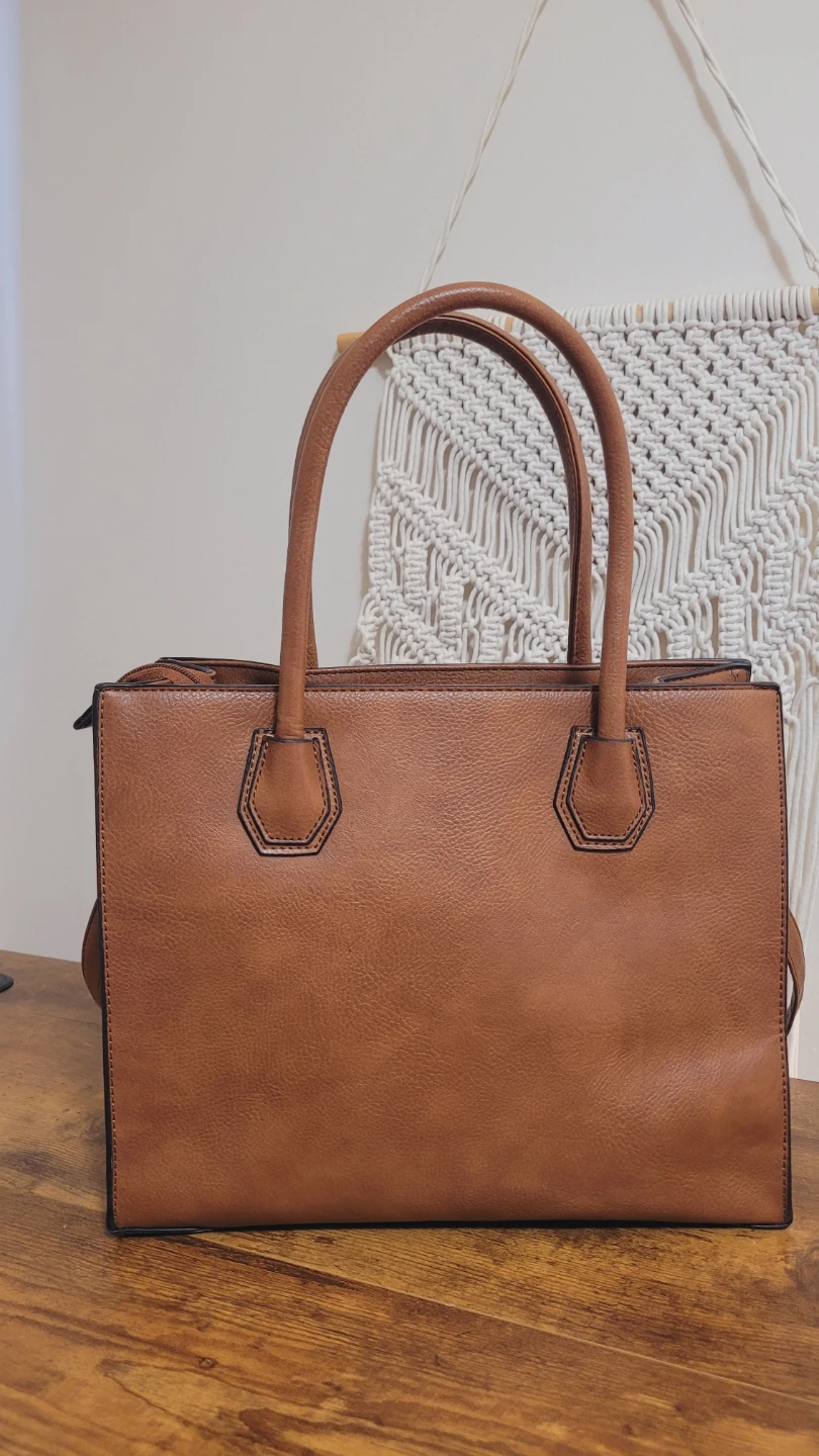 Brown Faux Leather Tote Bag with Shoulder Strap