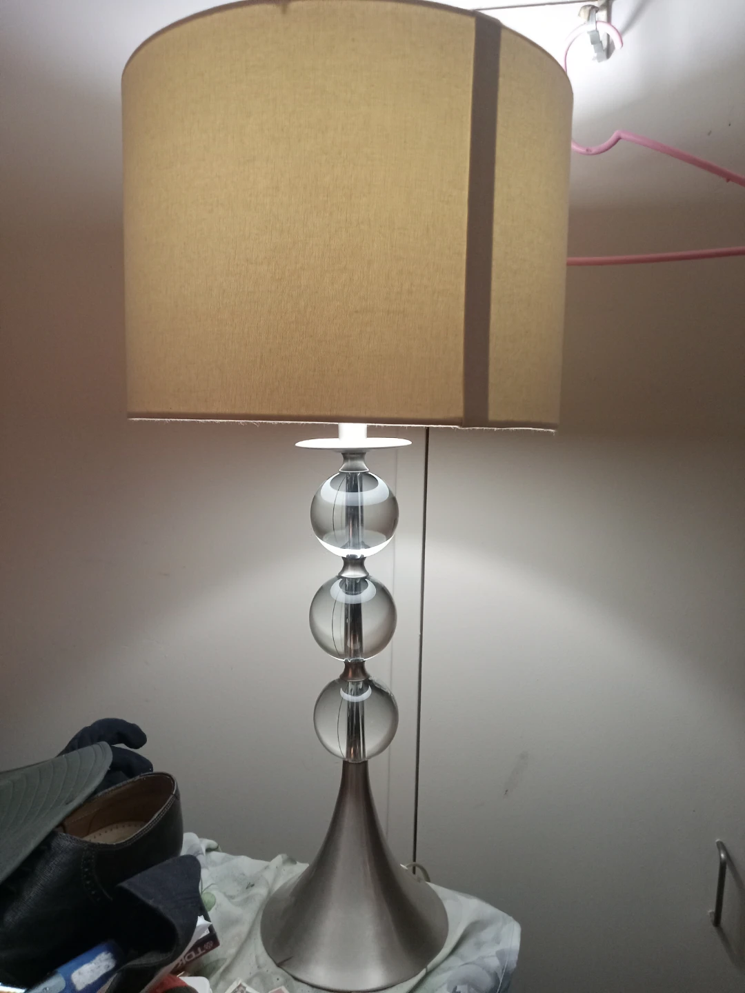Modern Table Lamp with Spheres and Tan Shade
