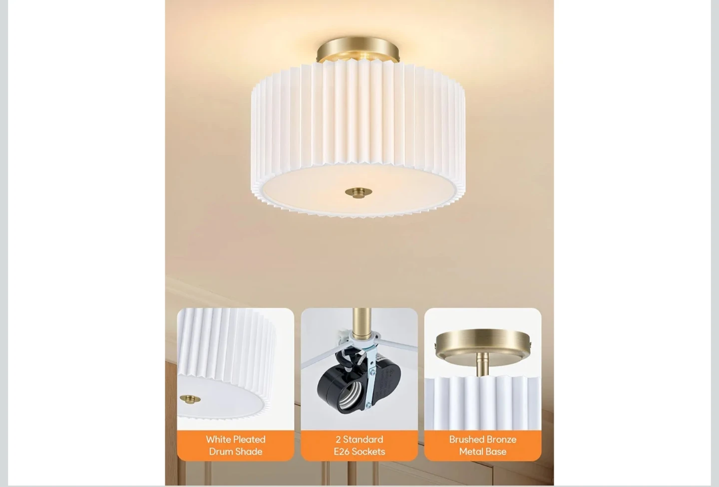 VONLUCE Semi Flush Mount Ceiling Light, 13'' Drum Ceiling Light - photo 4