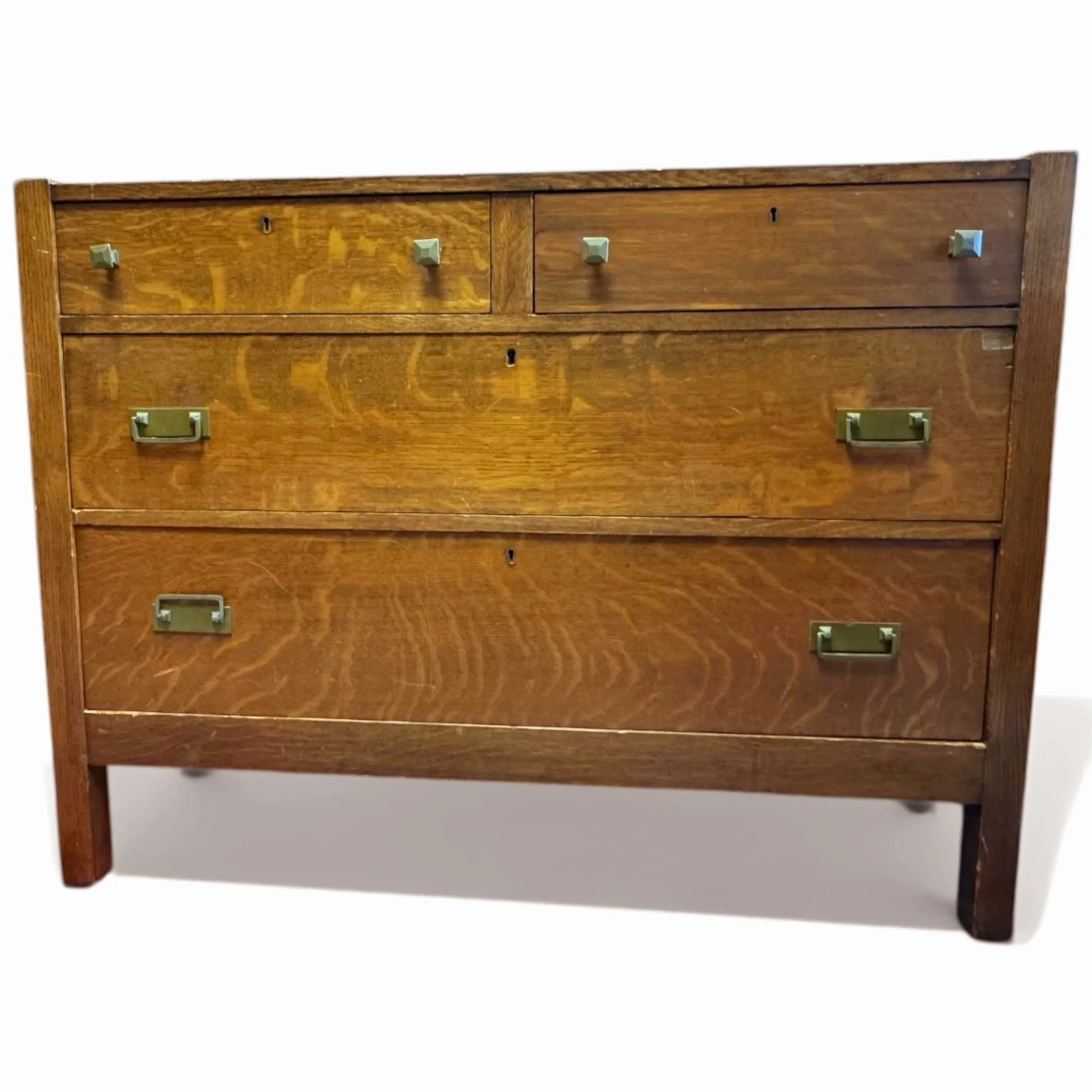Antique Tiger Oak 4 Drawer Dresser With Brass Pull Handles