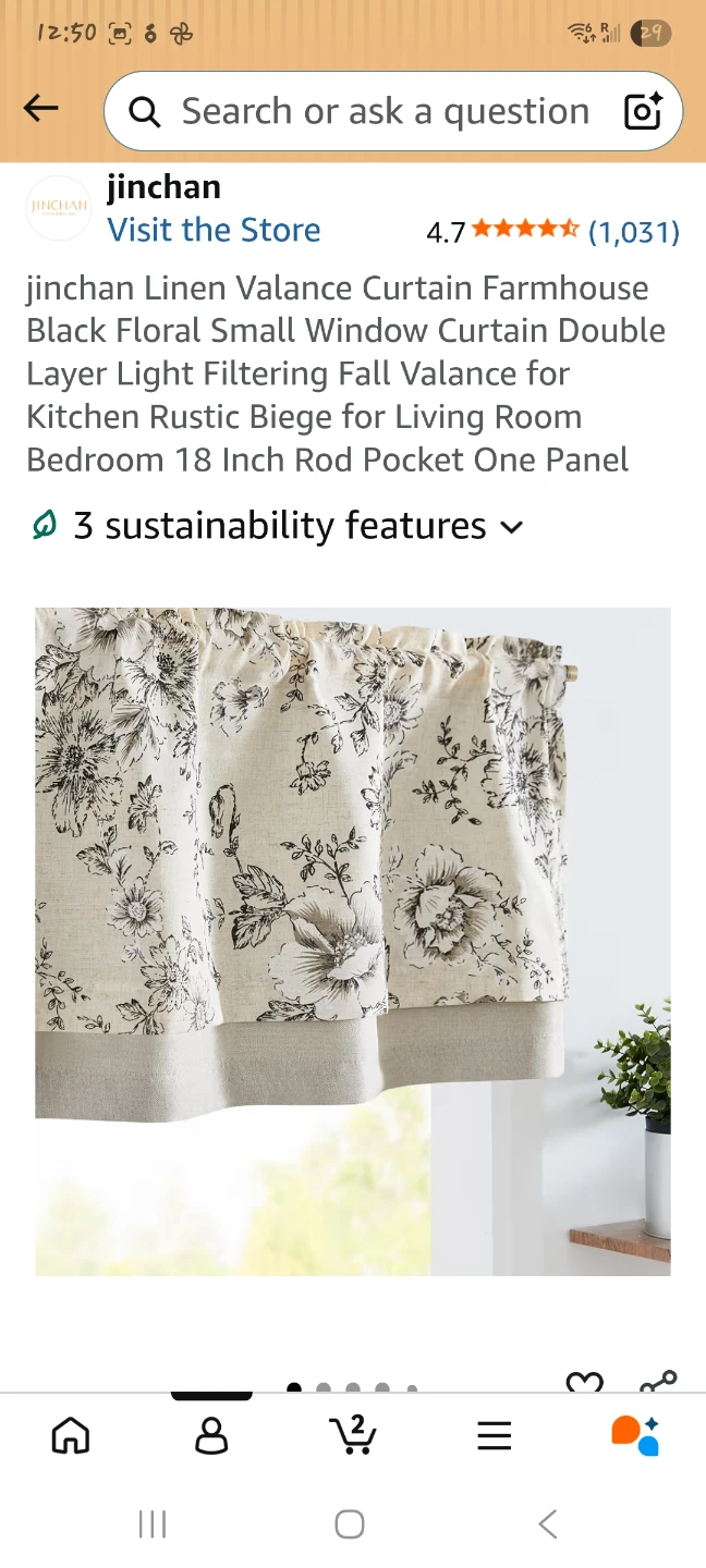 Black Floral Valance Curtain 🌱 46" x 18"
