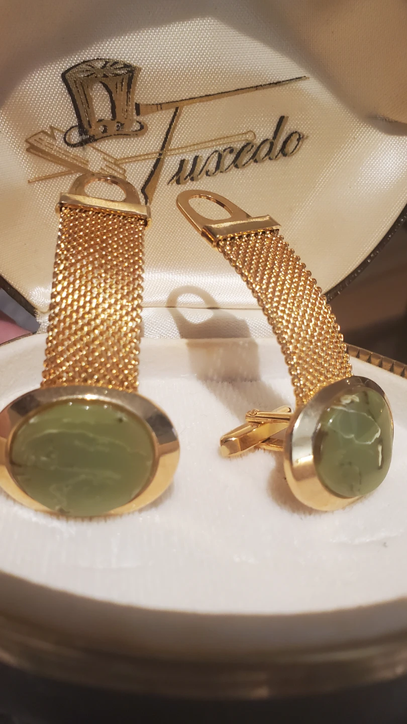 Vintage Gold Tone Tuxedo Cufflinks with Green Stone - photo 2