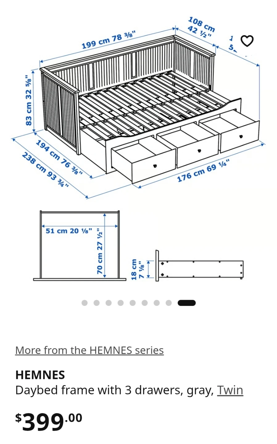 IKEA HEMNES Daybed Frame with 3 Drawers, Gray, Twin - photo 4