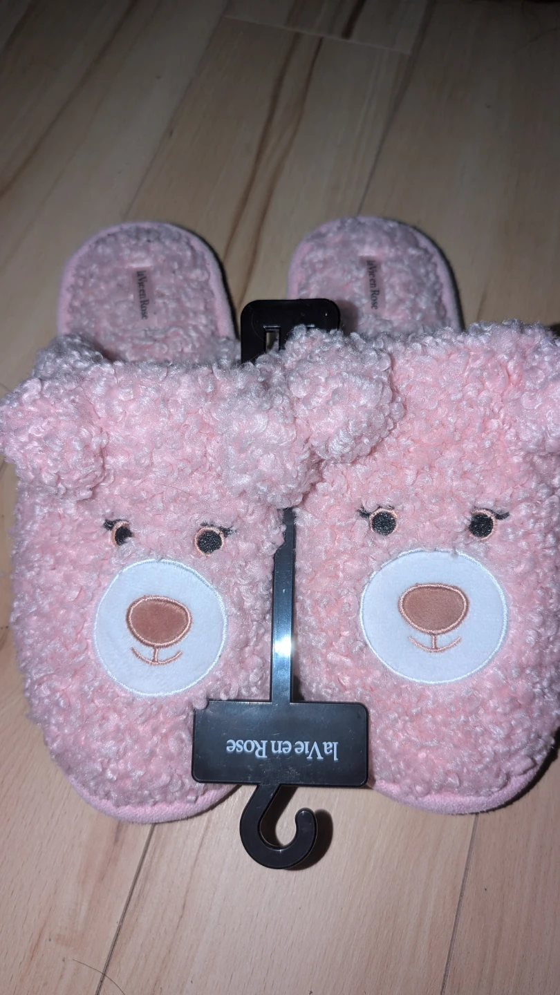 La Vie en Rose Pink Teddy Bear Slippers - Size L/G