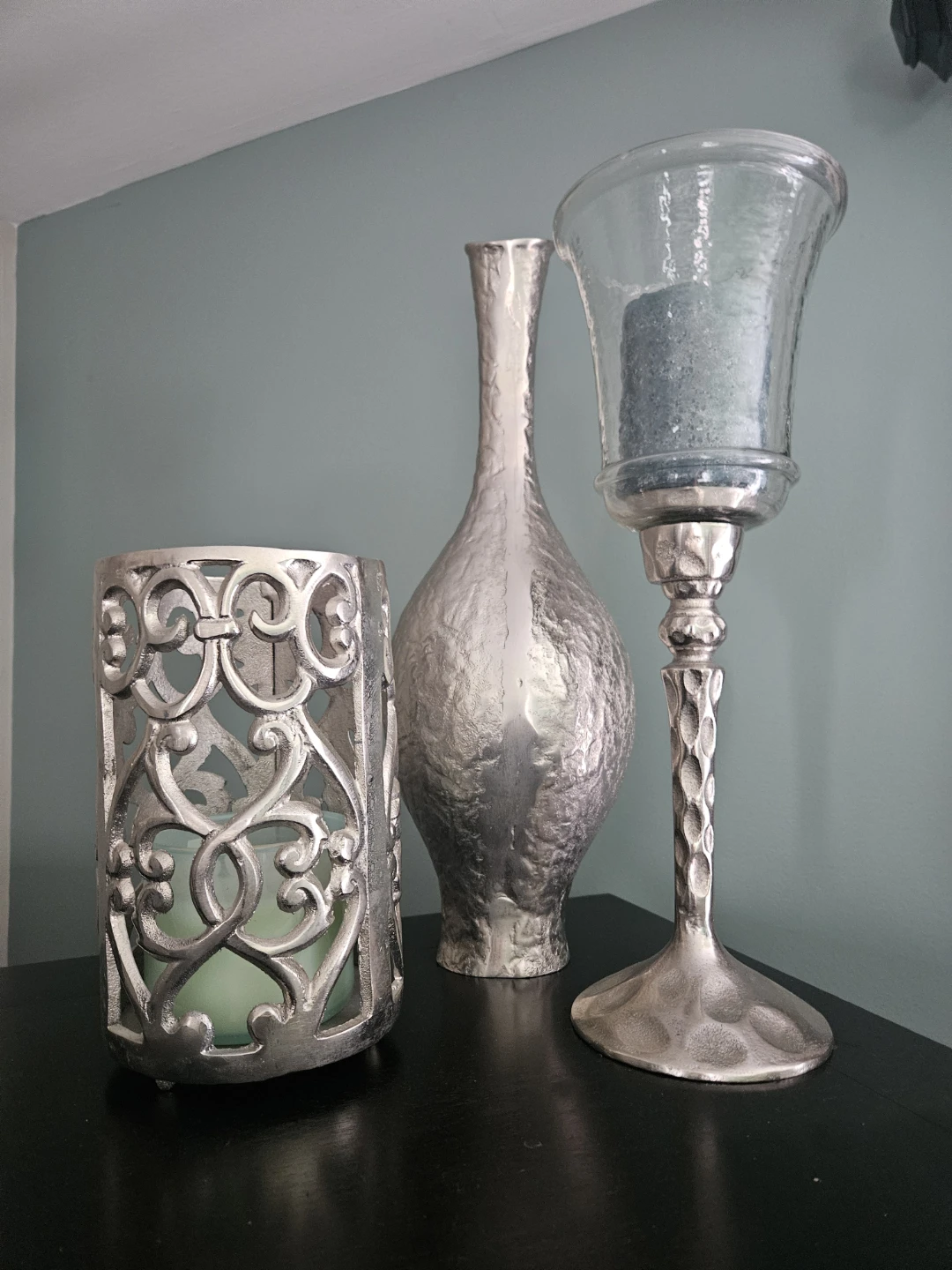 Mercury glass and hammered silver decor items