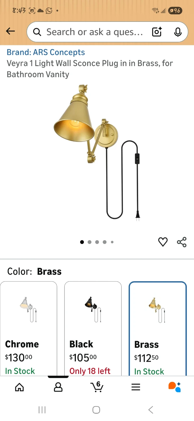 ARS Concepts Weyra 1 Light Wall Sconce Plug in Brass