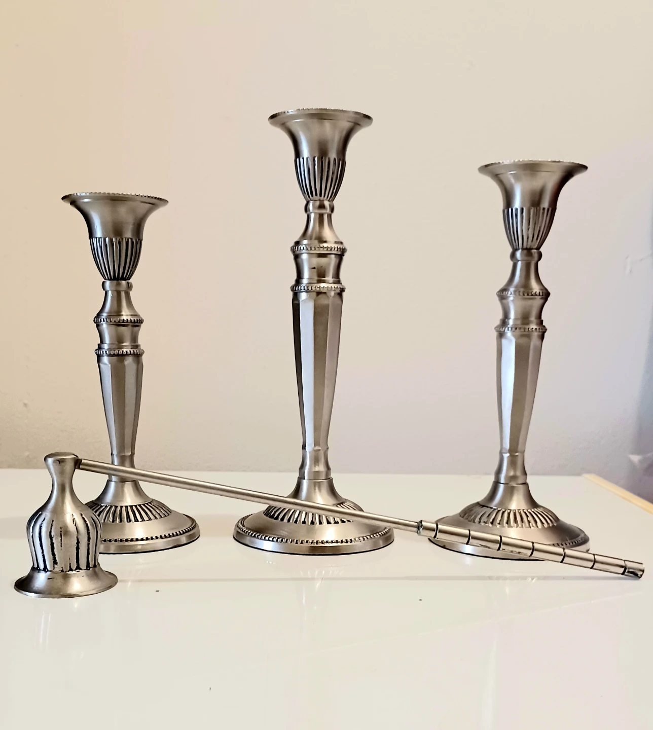 New Brass Set of 3 Candlesticks & Snuffer