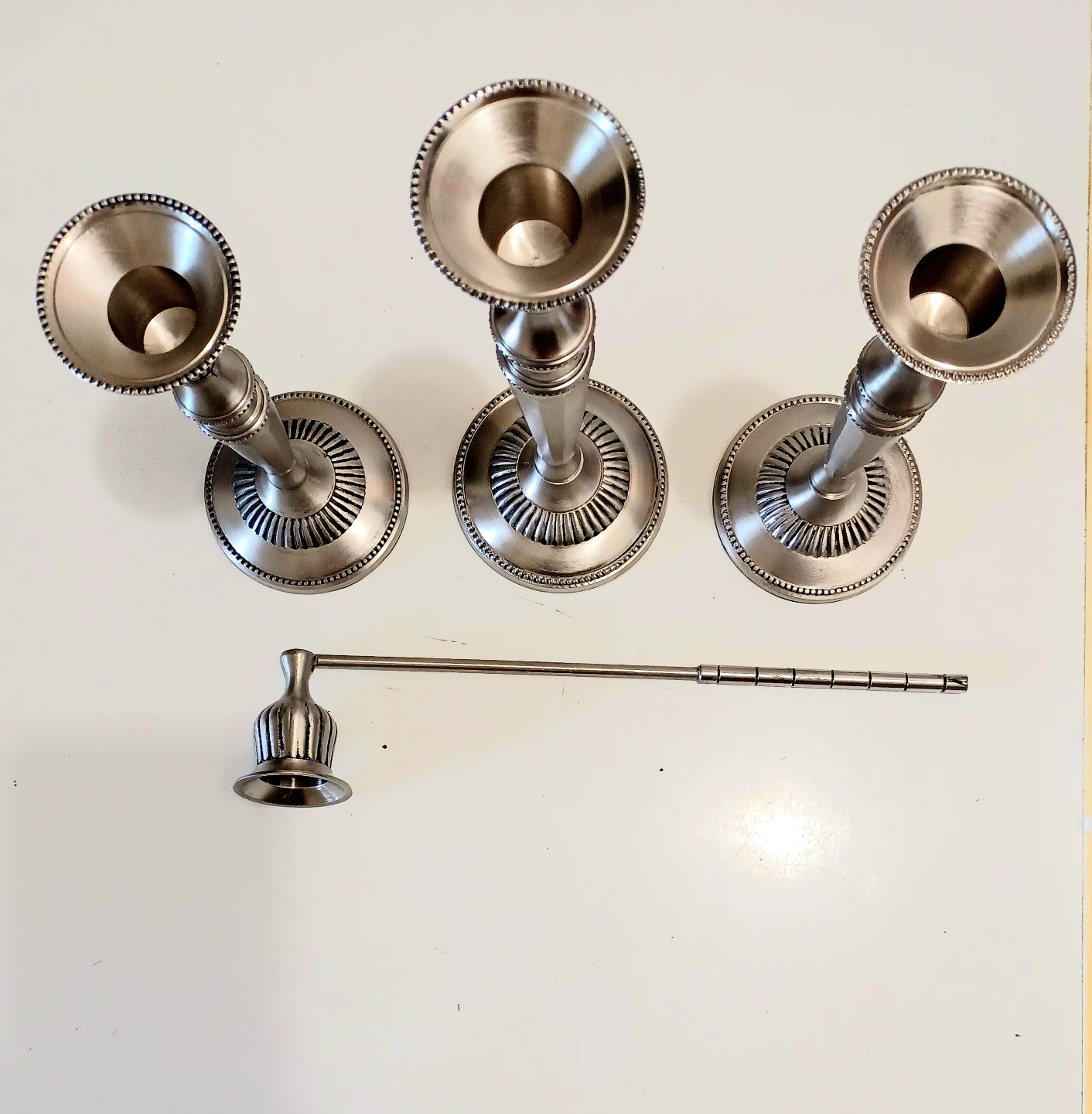 New Brass Set of 3 Candlesticks & Snuffer - photo 2