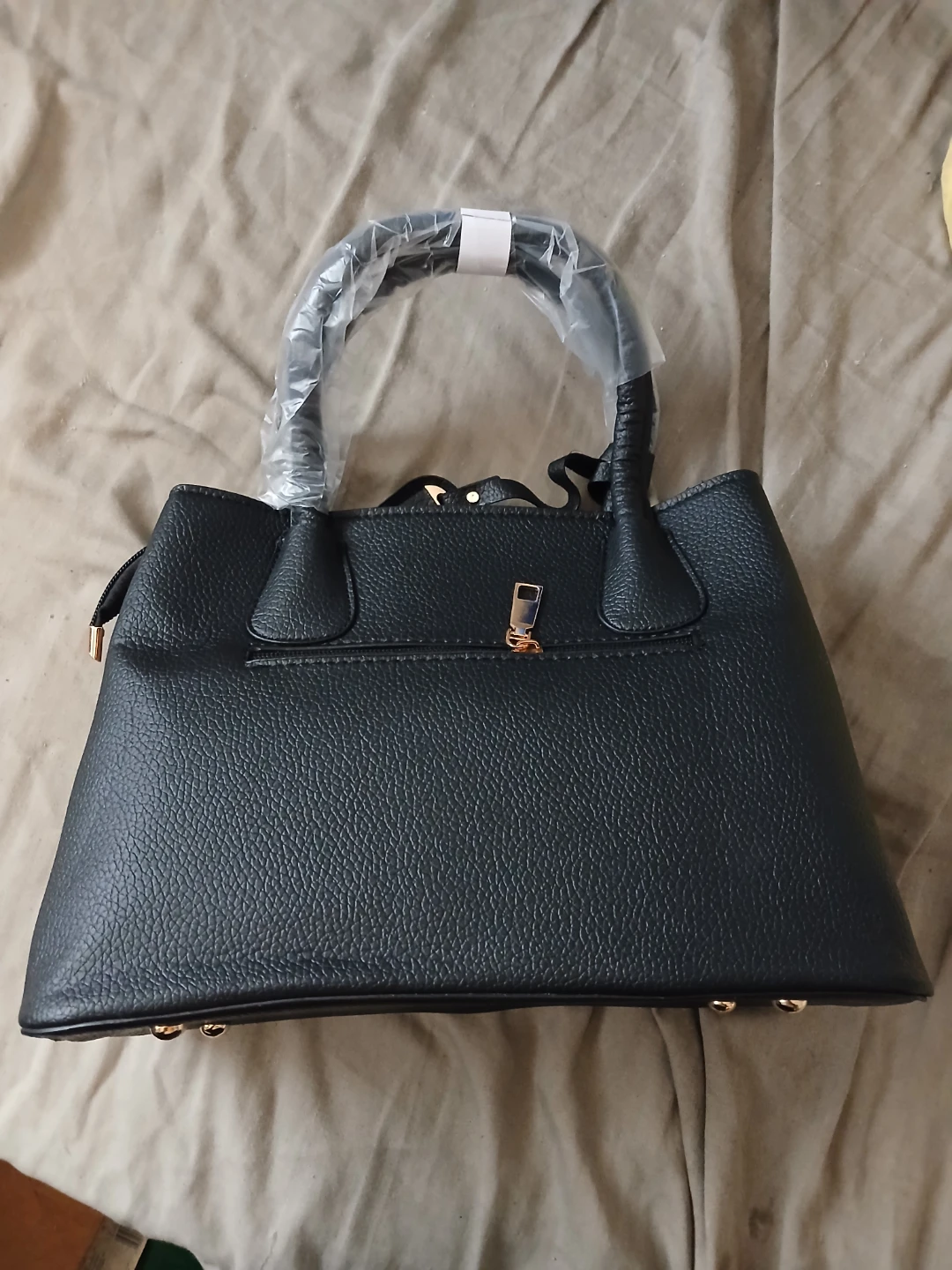 Black Faux Leather Tote Bag With Gold Accents