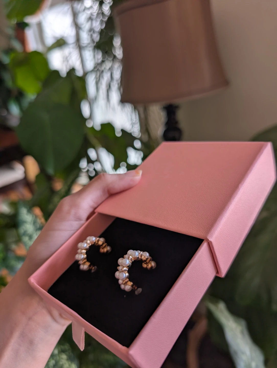 Nush Pearl Hoop Earrings in Pink Gift Box
