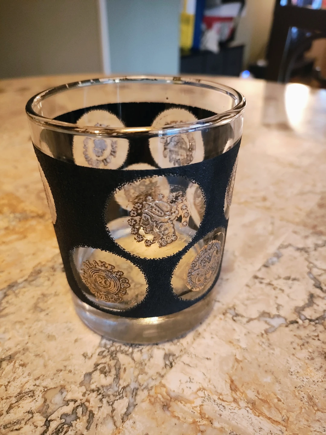 Vintage Libbey Black With Gold Coin Lowball Glass