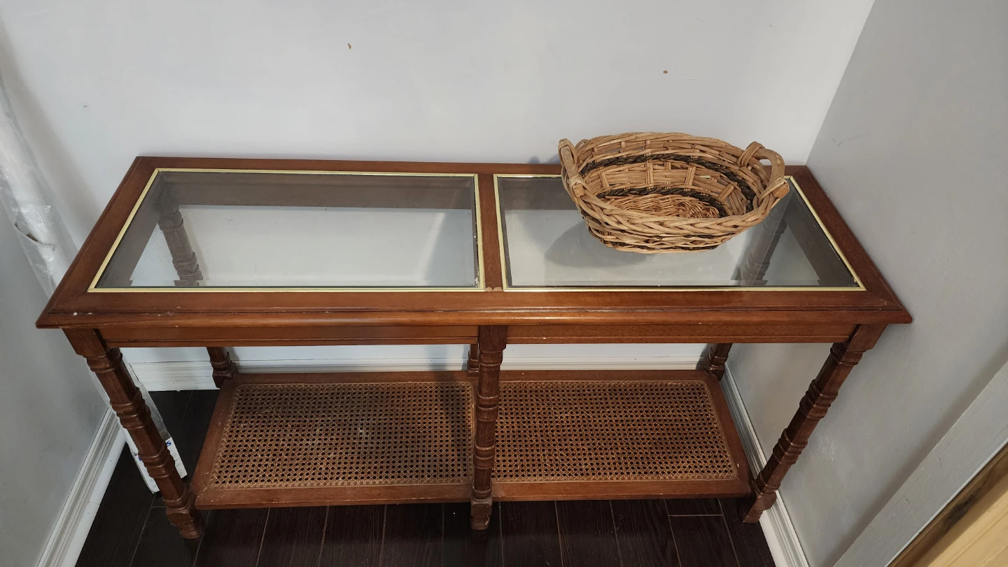 Vintage Wood and Glass Console Table with Cane Shelf
