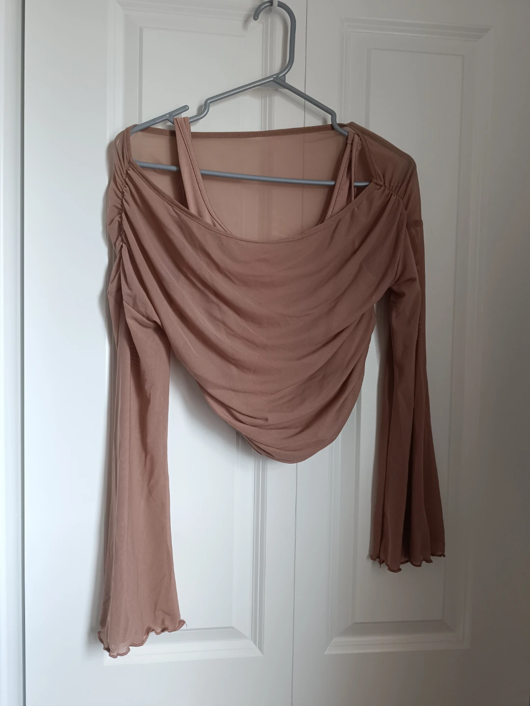 Brown Mesh Ruched Long Sleeve Top