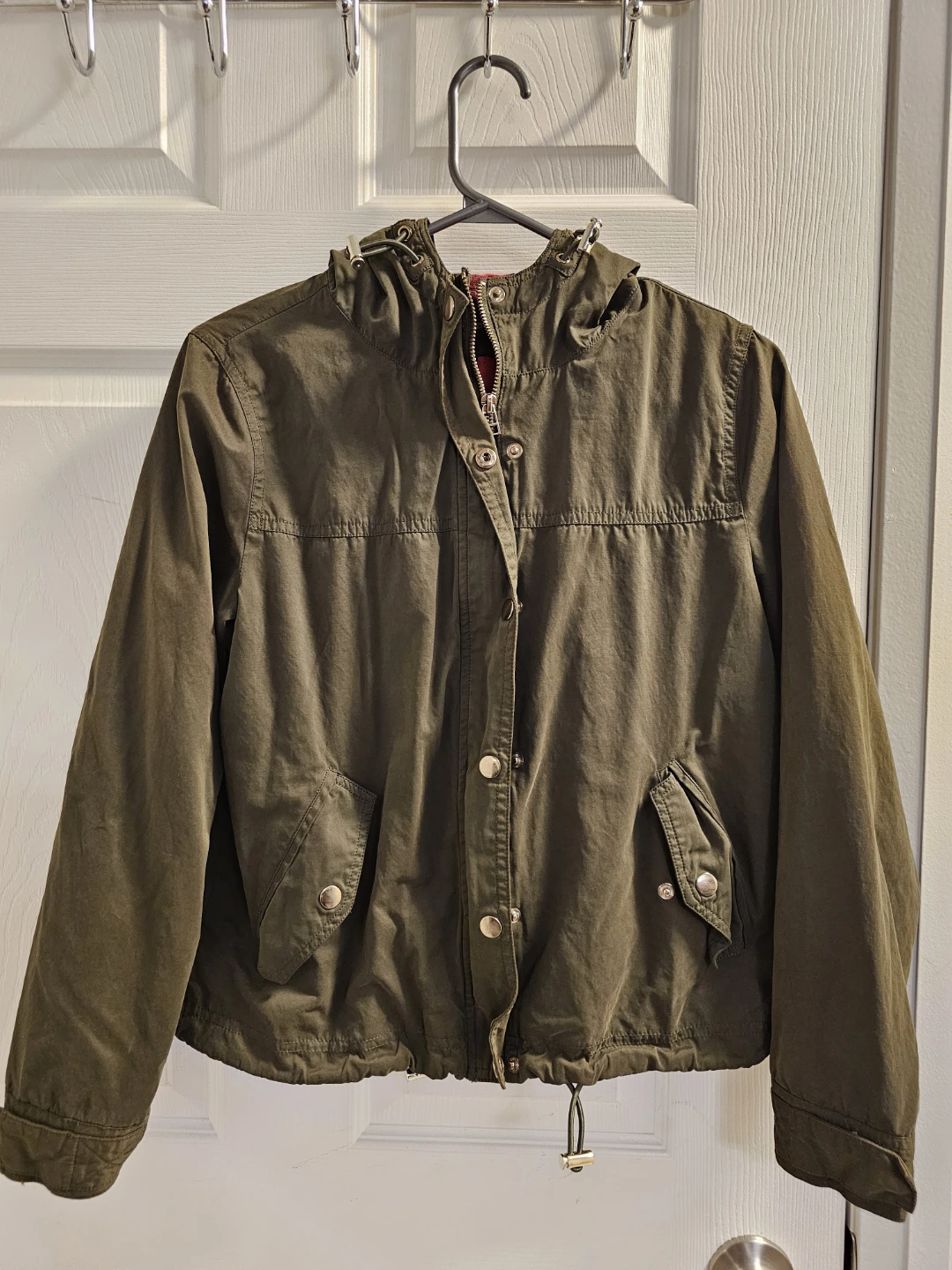 Forever 21 Olive Green Hooded Jacket with Red Plaid Lining