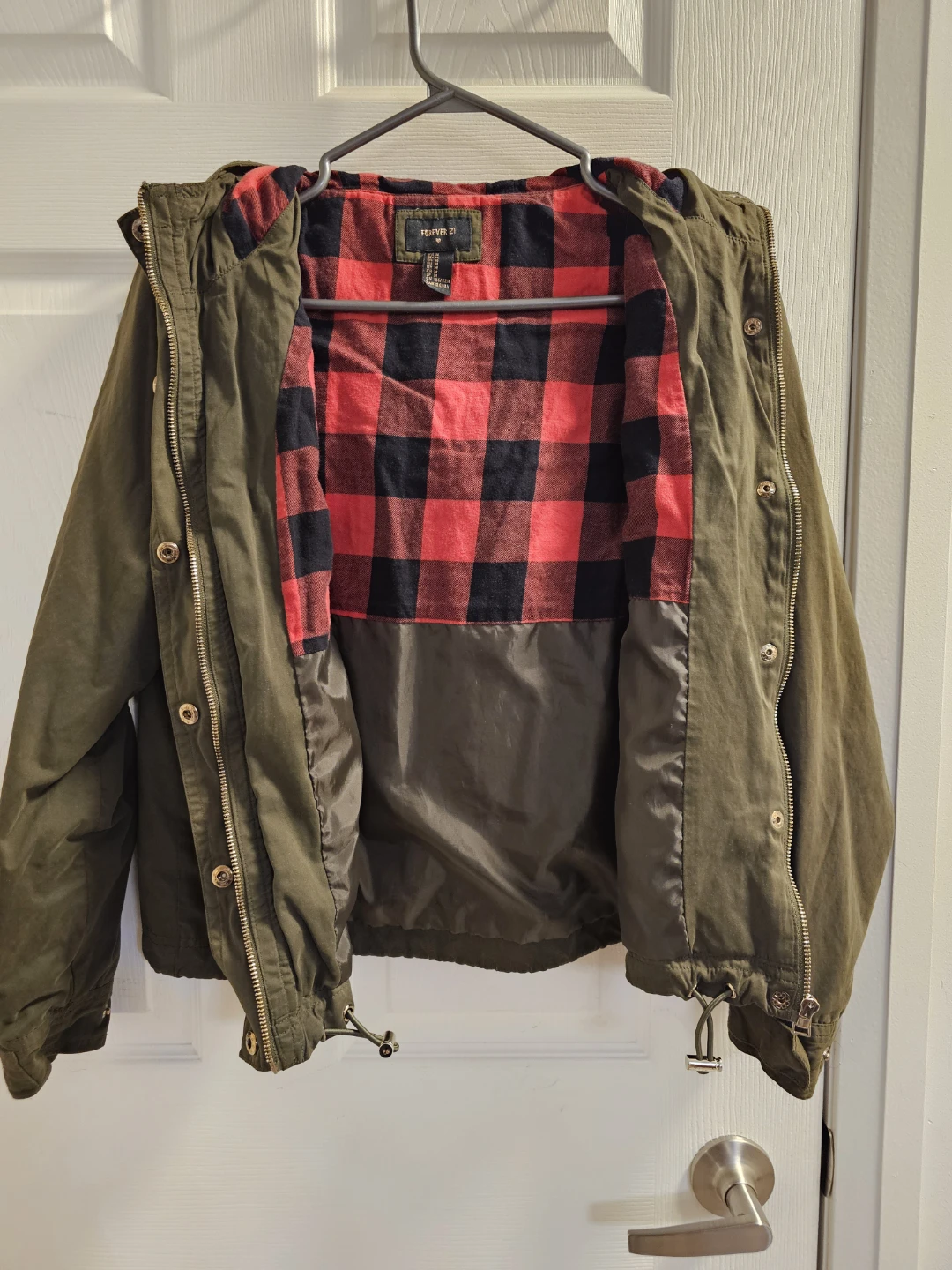 Forever 21 Olive Green Hooded Jacket with Red Plaid Lining - photo 2