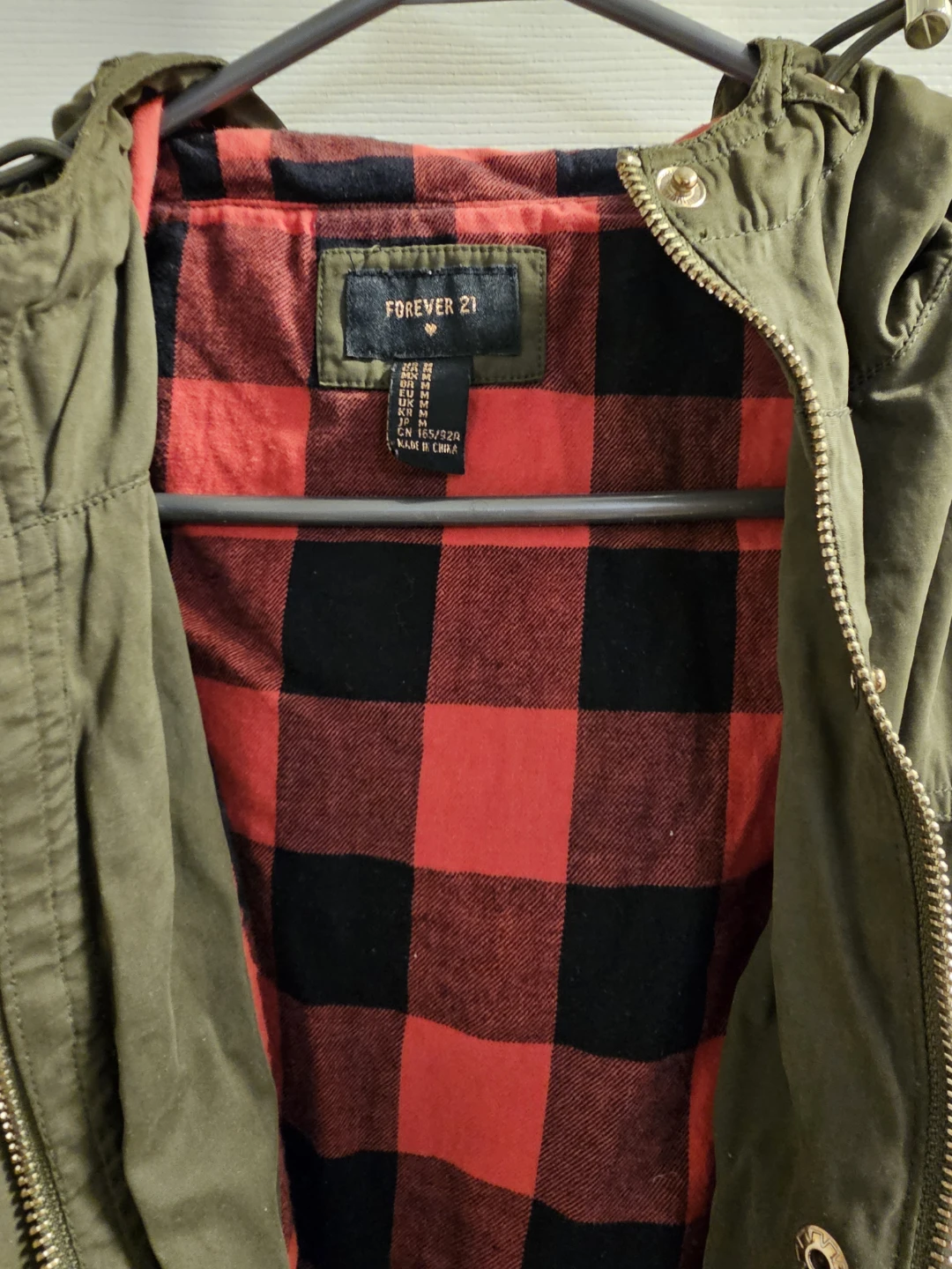 Forever 21 Olive Green Hooded Jacket with Red Plaid Lining - photo 3