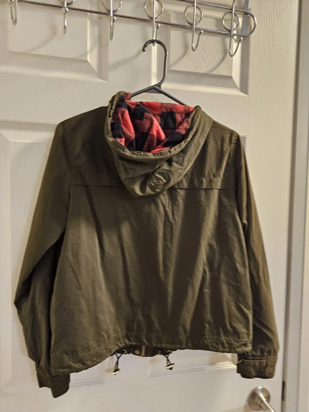Forever 21 Olive Green Hooded Jacket with Red Plaid Lining - photo 4