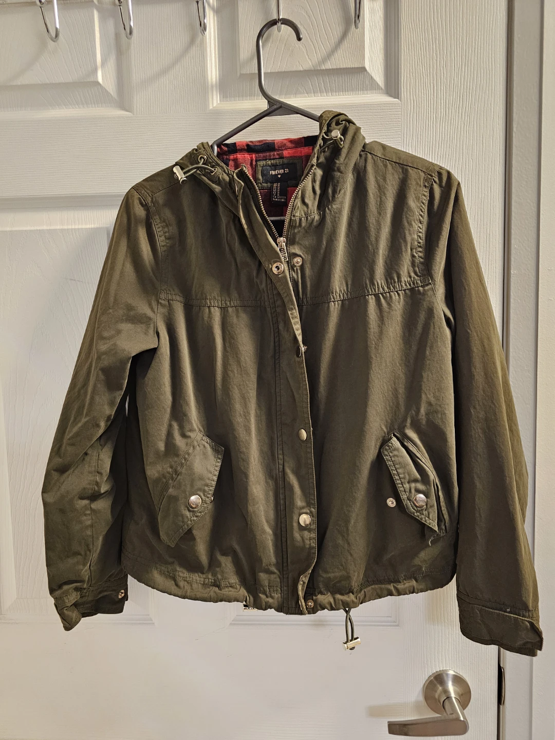 Forever 21 Olive Green Hooded Jacket with Red Plaid Lining - photo 5