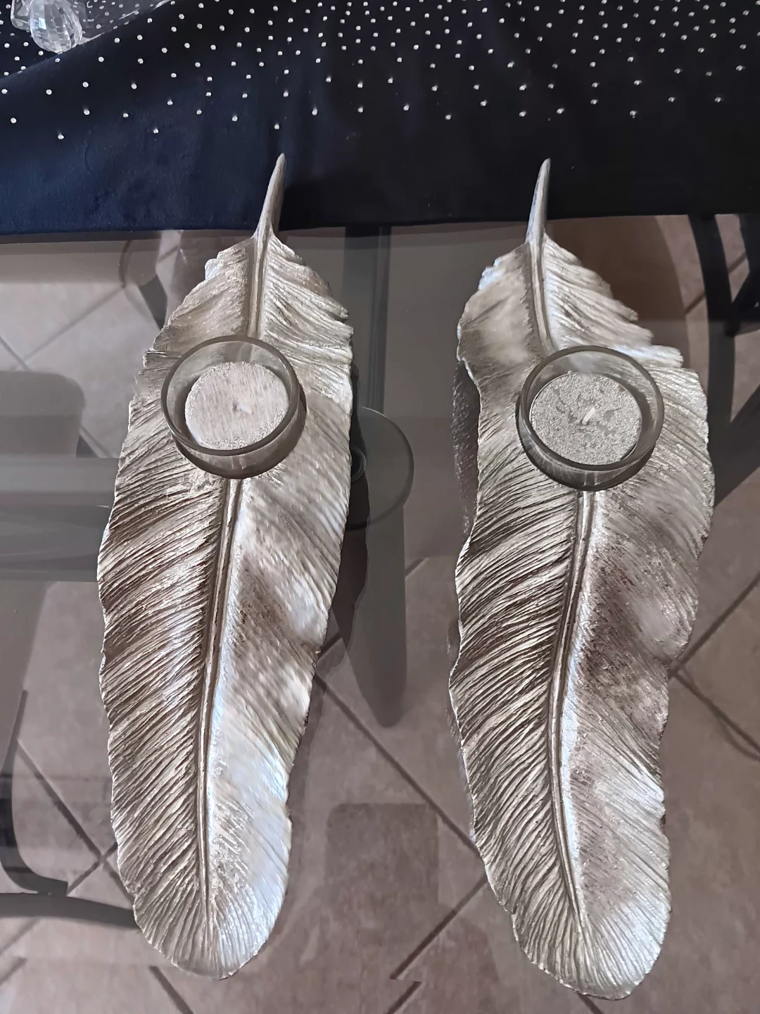 Pair of Silver Feather Tealight Holders