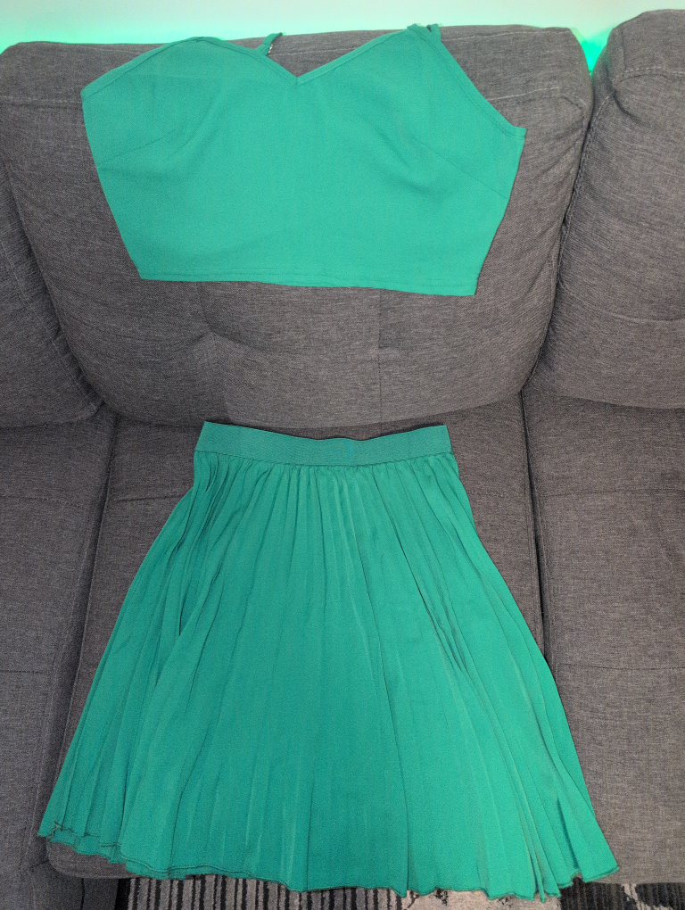 Green Crop Top and Pleated Skirt Set
