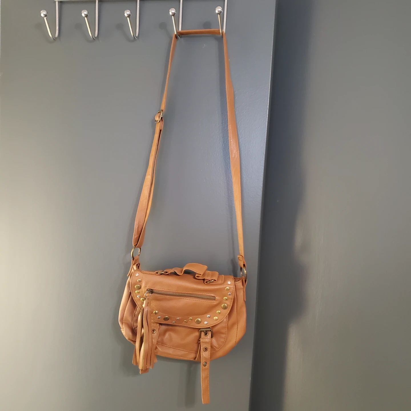 Brown Faux Leather Shoulder Bag with Studs and Tassels