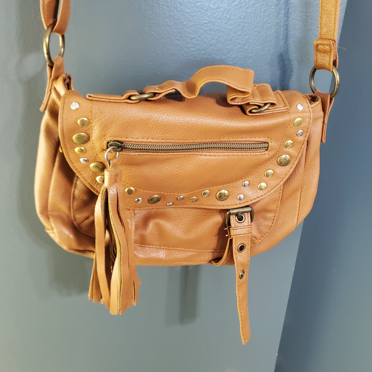 Brown Faux Leather Shoulder Bag with Studs and Tassels - photo 2