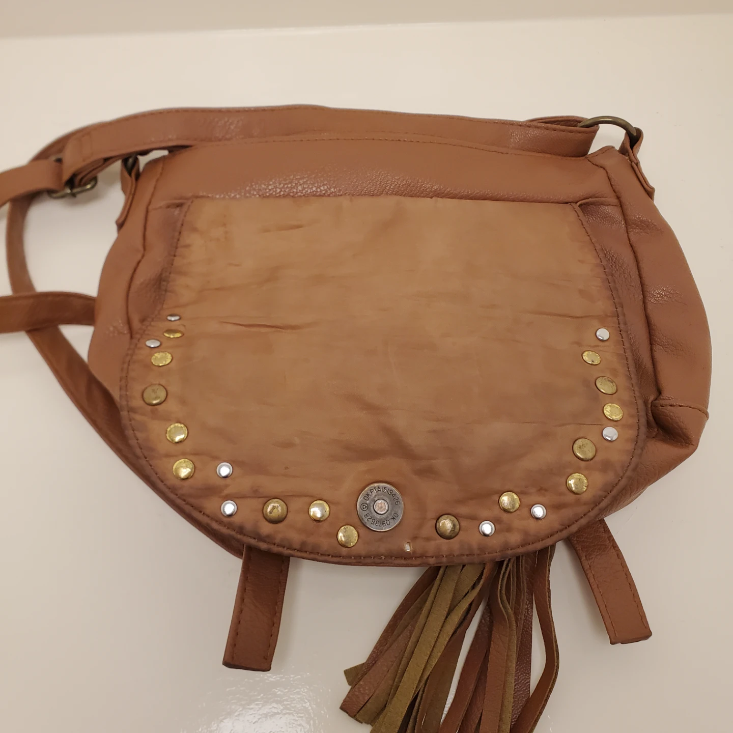 Brown Faux Leather Shoulder Bag with Studs and Tassels - photo 5